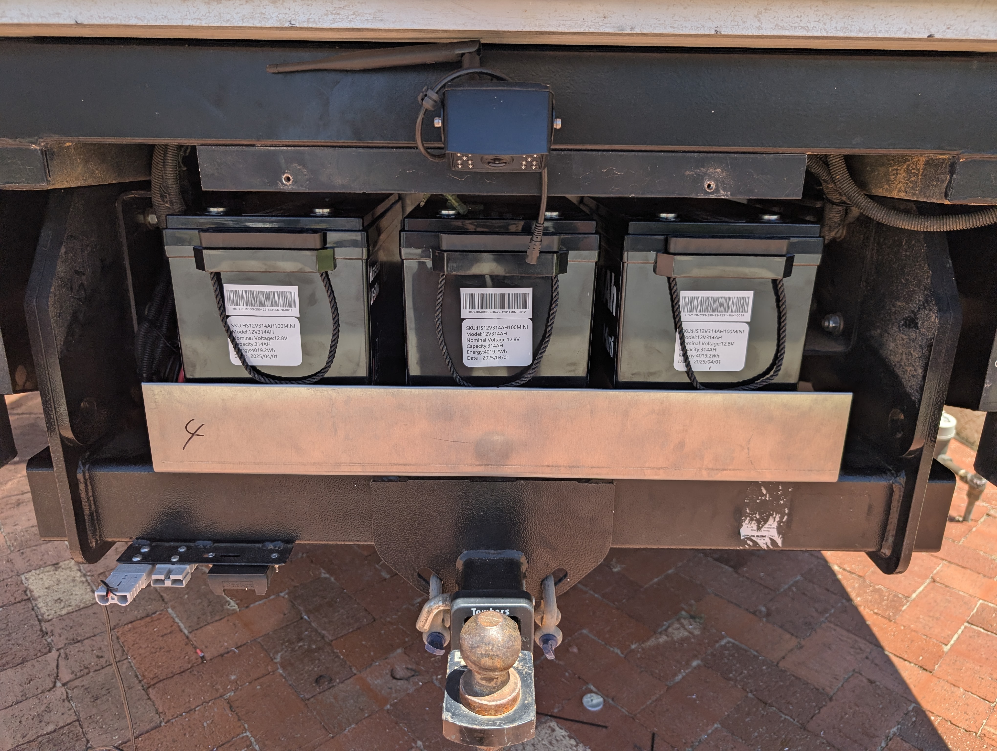 Triple 12V lithium battery bank under-mounted on a camper trailer